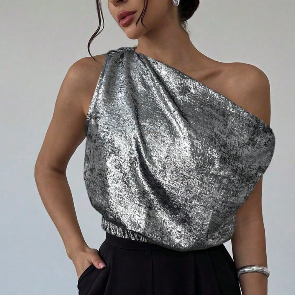 Silver Elegant Women's Romantic Off Shoulder Sleeveless Blouse